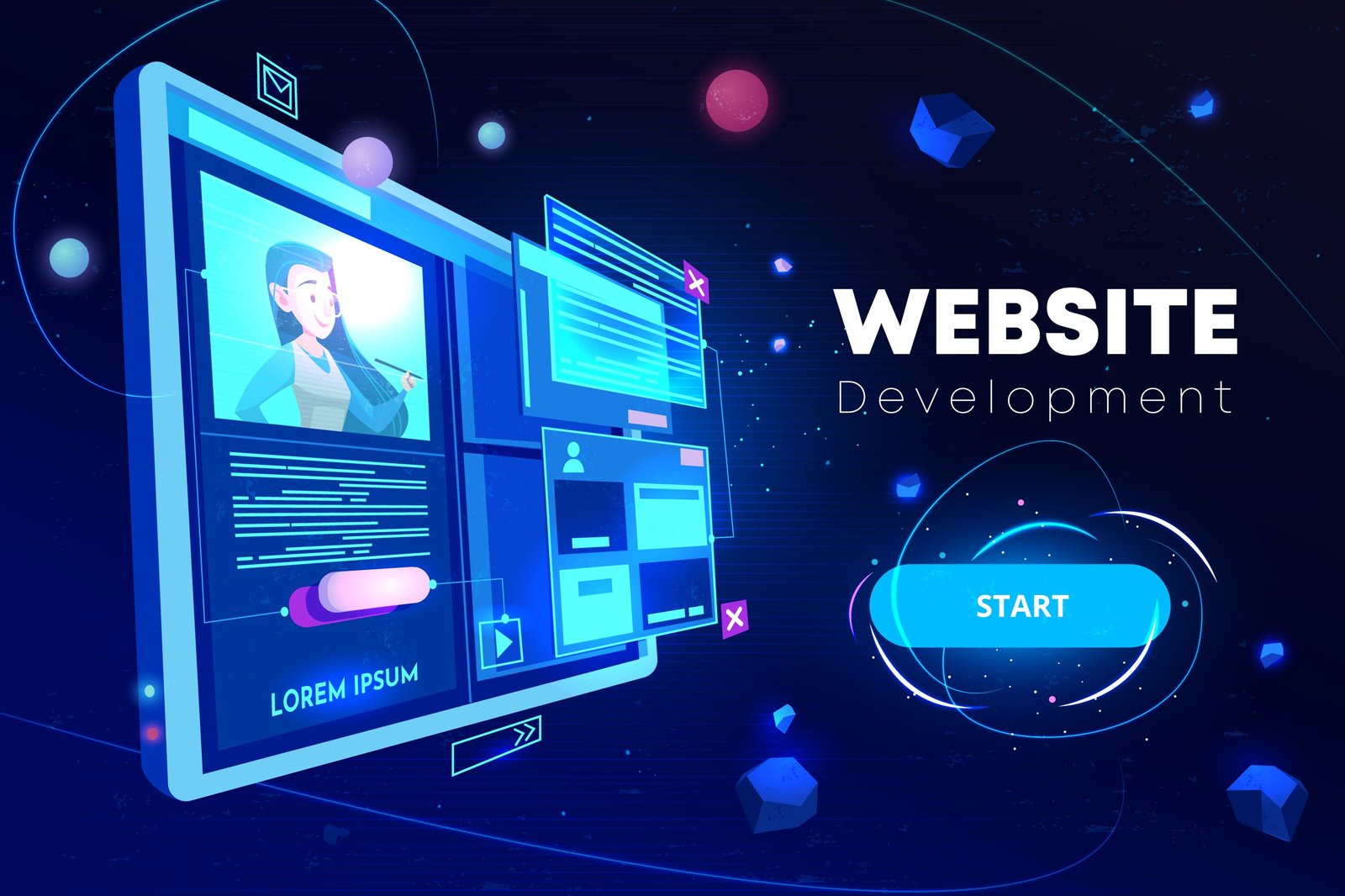 Website development concept illustration showing digital interface screens and UI elements, representing professional web design services offered by a digital marketing agency in Faridabad.