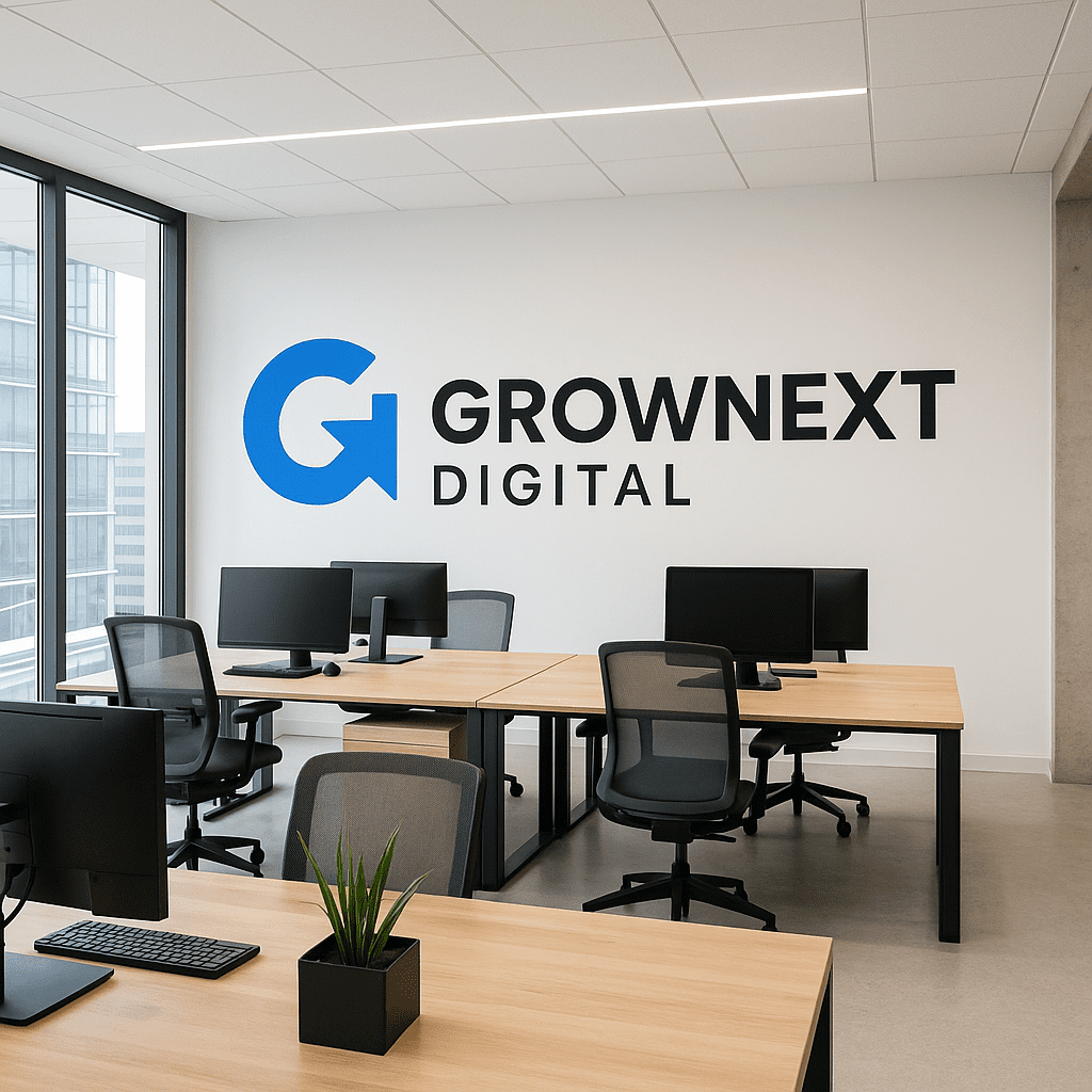 Modern office interior of GrowNext Digital, a digital marketing agency in Faridabad, featuring a clean workspace with desktops, wooden desks, and the brand’s blue logo on the wall.