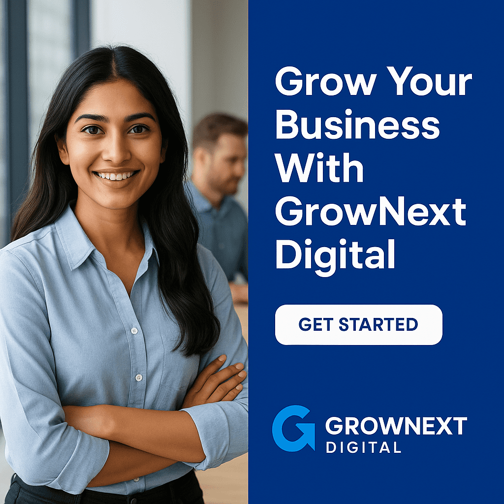 Promotional banner for GrowNext Digital, a digital marketing agency in Faridabad, featuring a smiling professional woman beside a bold call-to-action message “Grow Your Business With GrowNext Digital.”
