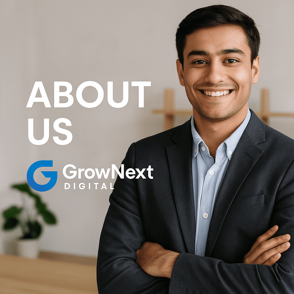 About Us banner for GrowNext Digital, a digital marketing agency in Faridabad, featuring a smiling professional standing confidently in a modern office with the company logo displayed