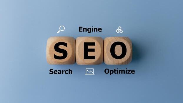 SEO concept image showing wooden cubes labeled Search, Engine, and Optimize, representing search engine optimization services by a digital marketing agency in Faridabad.
